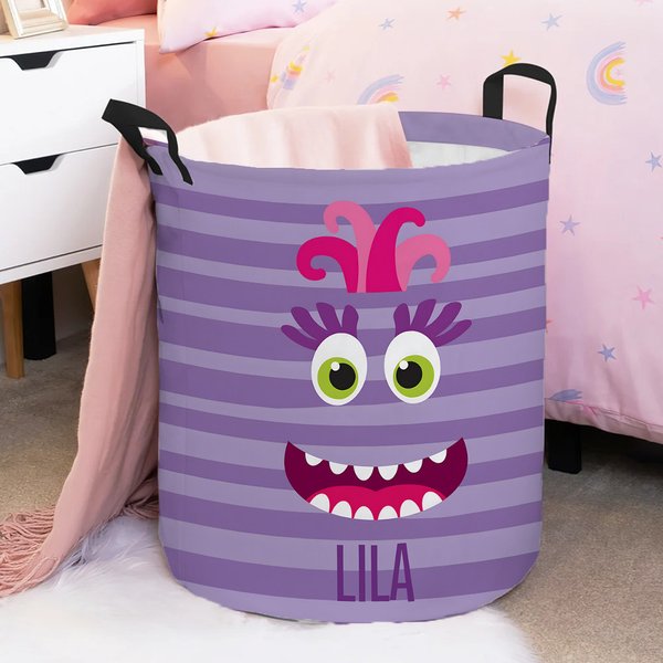 Personalized Funny Little Monster Collapsible Laundry Storage Basket with Name and Handle Room Organizer Children's Day Birthday Gift for Boys Girls