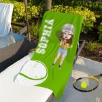 Asciugamano da spiaggia personalizzato oversize ad asciugatura rapida con personaggio femminile dei cartoni animati regalo di compleanno per donne