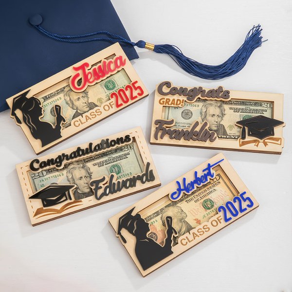 Personalized Graduates Silhouette Graduation Cap Scroll Wooden Money Holder with Name and Year Congratulation Graduation Gift for Schoolmates Friends