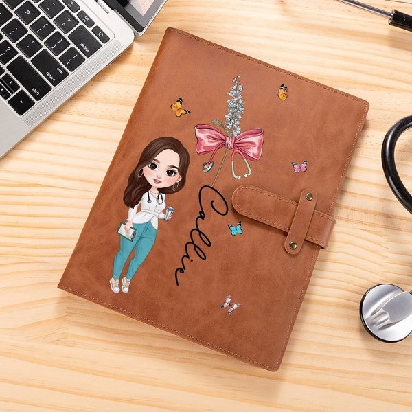 Personalised Cartoon Character Stethoscope Bow Birth Flower Name A5 PU Leather Notebook Cover with Storage Pocket Birthday Gift for Medical Staff