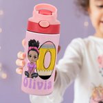 Personalized Cartoon Character Apple Pencil Initial 12 oz Insulated Kid Water Bottle with Name and Straw Back to School Birthday Gift for Boys Girls