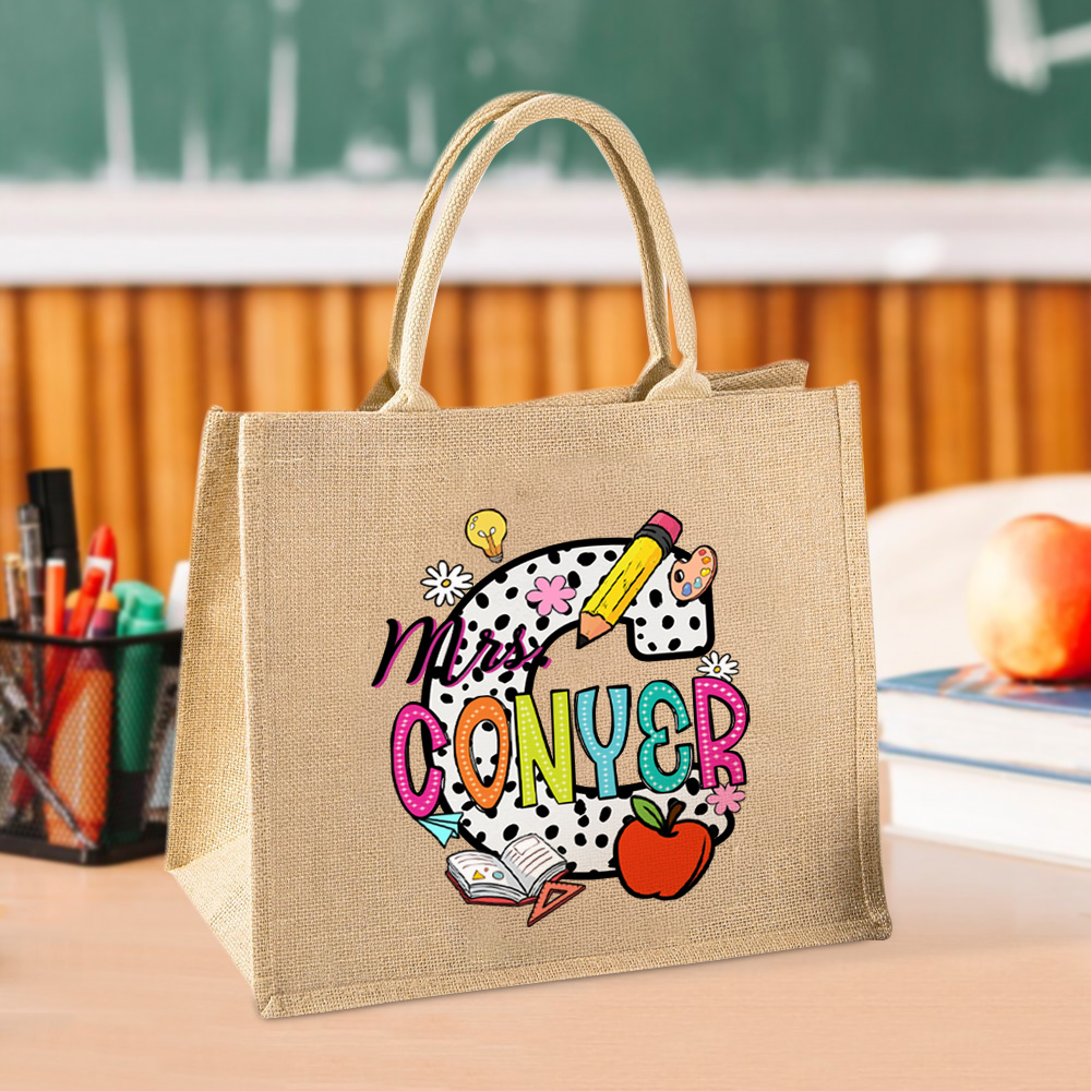 Crayon personnalisé Apple Spotted Initial Large Jute Tote Bag with Name Teacher's Day Appreciation Birthday Gift for Teacher