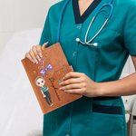 Personalized Cartoon Character Stethoscope Bow Birth Flower Name A5 PU Leather Notebook Cover with Storage Pocket Birthday Gift for Medical Staff