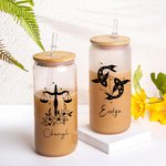 Personalized Zodiac Sign Flower Name 20 oz Can Shaped Glass Cup with Bomboo Lid and Straw Wedding Birthday Gift for Women