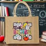 Personalized Pencil Apple Spotted Initial Large Jute Tote Bag with Name Teacher's Day Appreciation Birthday Gift for Teacher