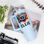 Personalized Retro Watercolor Flower Camera 40 oz Tumbler with Name and Straw Travel Accessories Birthday Gift for Photography Lover
