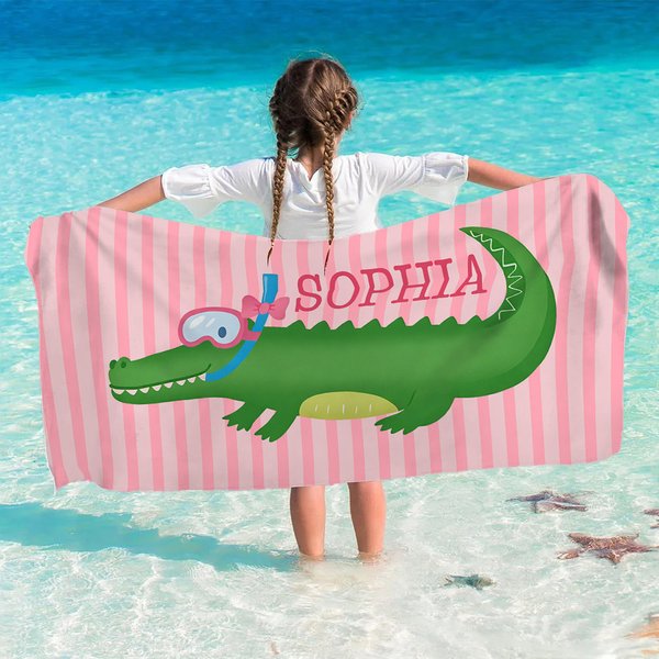 Personalized Cute Diving Alligator Striped Quick Dry Oversized Beach Towel with Name Summer Travel Essential Birthday Gift for Girls Boys
