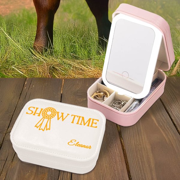 Personalized Show Time Medal Leather Jewelry Box with LED Three-Color Adjustable Makeup Mirror Equestrian Birthday Gift for Women Horse Lovers