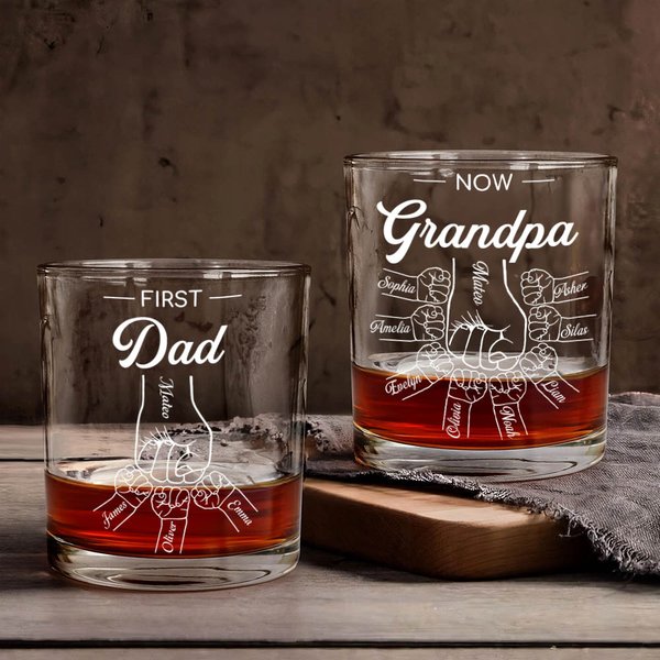 Verre à Whisky 295 ml Personnalisé avec 2 à 16 Noms d’Enfants Motif Coup de Poing Cadeau Fête des Pères Anniversaire Pour Homme