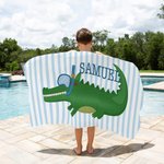 Personalized Cute Diving Alligator Striped Quick Dry Oversized Beach Towel with Name Summer Travel Essential Birthday Gift for Girls Boys