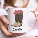 Personalized Birth Flower Western Cowgirl Boots Ceramic Coffee Mug Glass Cup with Name Home Kitchen Decor Birthday Gift for Women