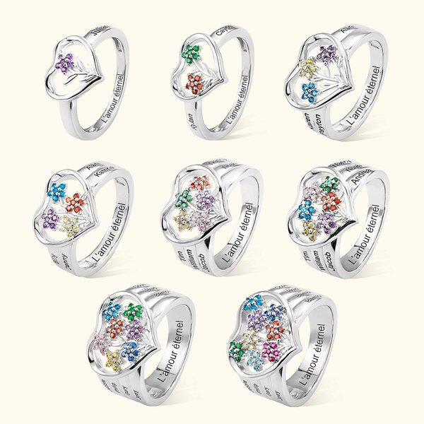 Bague de Famille en Argent Sterling Personnalisée avec Prénom et Pierres de Naissance en Fleurs Cadeau d'Anniversaire Fête des Mères pour Maman