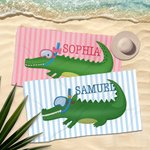 Personalized Cute Diving Alligator Striped Quick Dry Oversized Beach Towel with Name Summer Travel Essential Birthday Gift for Girls Boys