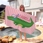Personalized Cute Diving Alligator Striped Quick Dry Oversized Beach Towel with Name Summer Travel Essential Birthday Gift for Girls Boys