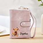 Portafoglio da polso personalizzato in pelle di mucca delle Highlands con portacarte e nome, regalo di compleanno per le donne amanti delle mucche delle Highlands.