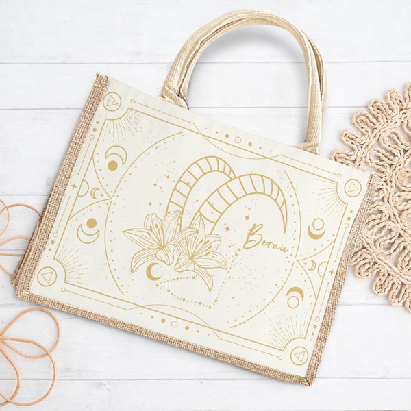Personalized Zodiac Sign Flower  Durable Jute Tote Bag with Name Travel Essential Birthday Gift for Women