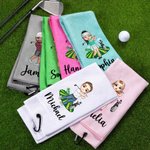 Personalized Colorful Male Female Cartoon Characters Quick Dry Waffle Towel with Name Golf Course Sports Accessories Gift for Golf Lovers