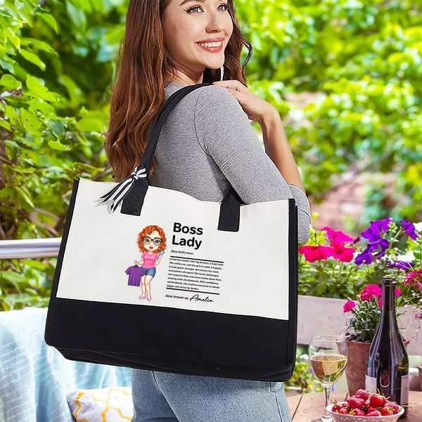Personalized Boss Lady Cartoon Character Large Canvas Tote Bag with Name Travel Accessories Birthday Holiday Anniversary Gift for Woman Workers