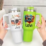 Personalized Retro Watercolor Flower Camera 40 oz Tumbler with Name and Straw Travel Accessories Birthday Gift for Photography Lover