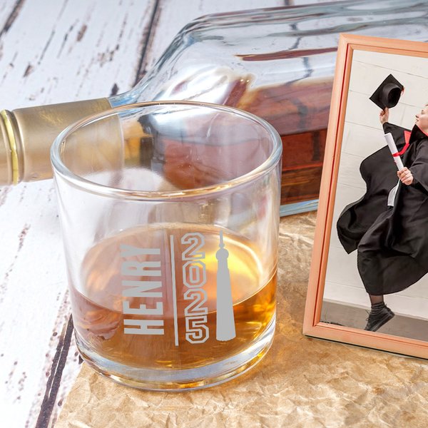 Personalized Graduation Cap Name Whiskey Rocks Glass with School Name and Year Graduation Party Birthday Gift for Graduates Classmates Drinkers