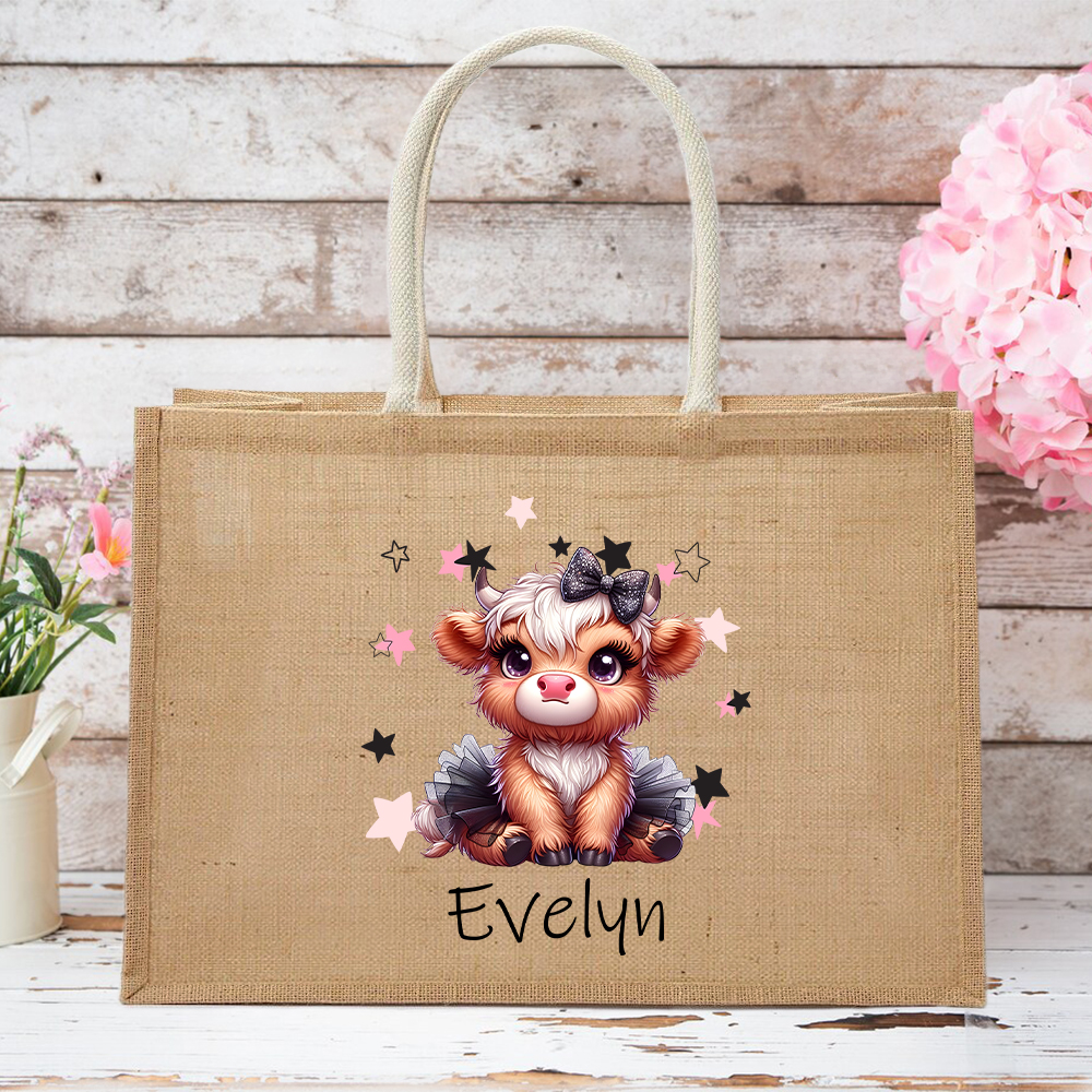 Sac en toile de jute avec nom Accessoires de voyage Cadeau d'anniversaire Cadeau de vacances pour les femmes Highland Cow Lovers
