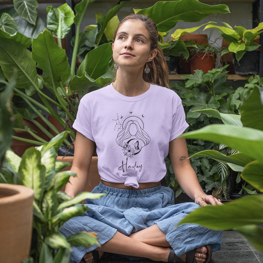 T-shirt personnalisé en coton pur avec le nom du signe du zodiaque, fleurs multicolores Cadeau d'anniversaire pour femmes et hommes
