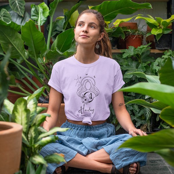 Personalized Multicolour Zodiac Sign Flower Pure Cotton T-shirt with Name Daily Home Outing Birthday Gift for Women Men