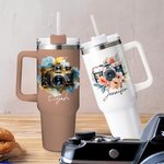 Personalized Retro Watercolor Flower Camera 40 oz Tumbler with Name and Straw Travel Accessories Birthday Gift for Photography Lover