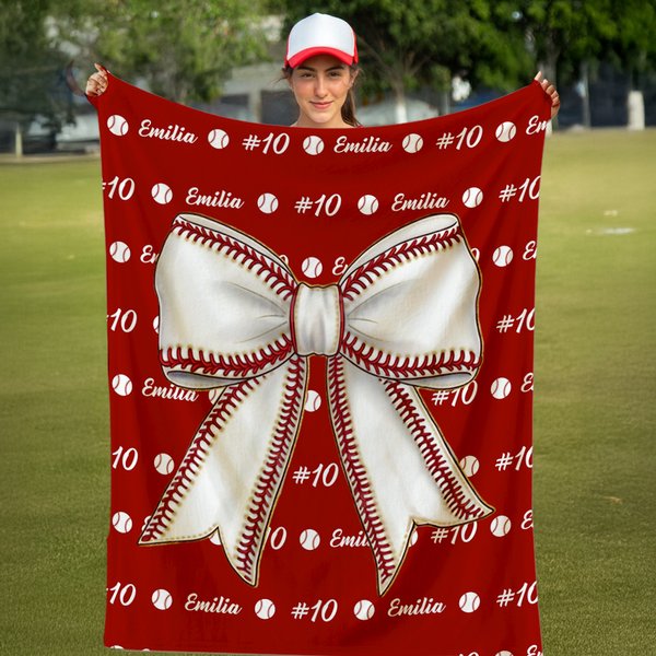 Personalized Baseball Softball Bow Soft Throw Blanket with Name Home Decor Birthday Gift for Ball Sports Lovers