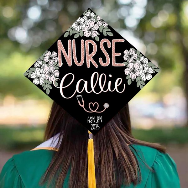 Personalized Cherry Blossom Stethoscope Nurse BSN ADN Graduation Cap Topper Decoration with Name and Year Graduation Gift for Medical Graduates
