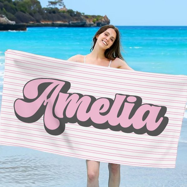 Personalized Retro Stripe Quick Dry Oversized Beach Towel with Name Travel Essential Beach Party Birthday Gift for Friends Family