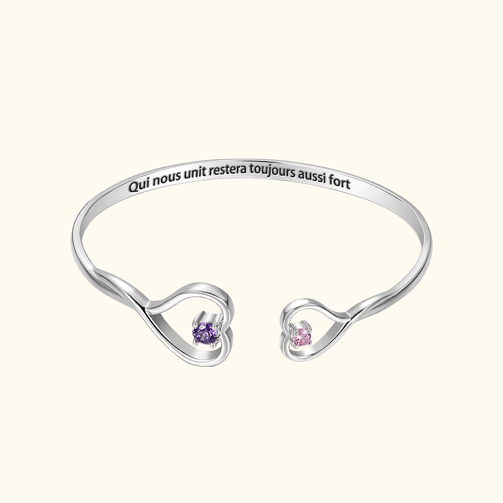 Bracelet Réglable Forme Coeur Personnalisé avec Double Pierre de Naissance Texte Gravé Cadeau Anniversaire pour Grand-Mère et Petite-Fille