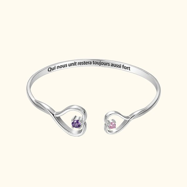 Bracelet Réglable Forme Coeur Personnalisé avec Double Pierre de Naissance Texte Gravé Cadeau Anniversaire pour Grand-Mère et Petite-Fille