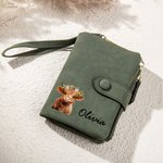 Portafoglio da polso personalizzato in pelle di mucca delle Highlands con portacarte e nome, regalo di compleanno per le donne amanti delle mucche delle Highlands.