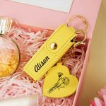 Personalized Line Flower Name Leather Lipstick Case Keychain with Heart-shaped Mirror Makeup Essentials Birthday Wedding Gift for Women