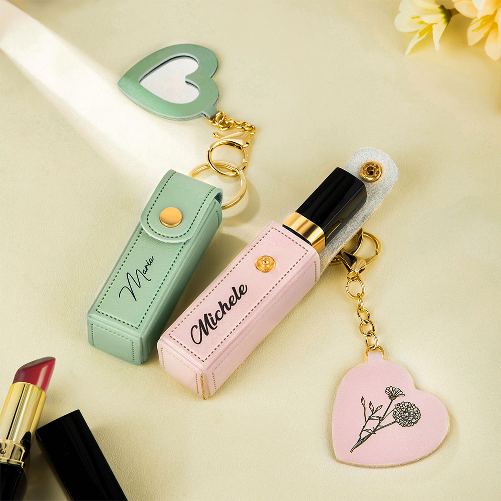 Étui à Rouge à Lèvres en Cuir Personnalisé avec Fleur Linéaire et Nom Accessoire Miroir en Forme de Cœur Cadeau Anniversaire Mariage pour Femme