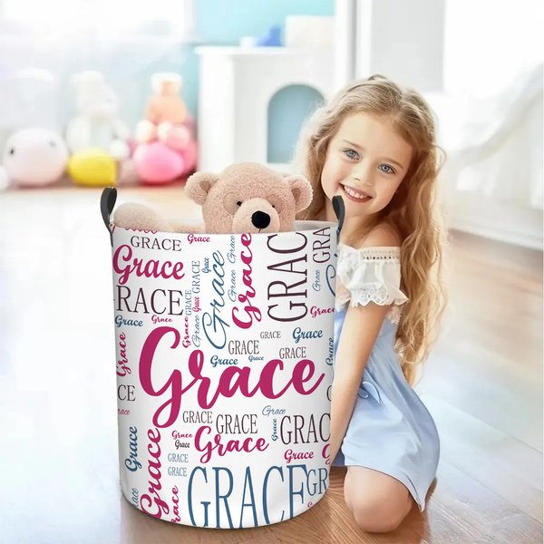 Personalized Word Cloud Name Laundry Storage Basket with Handle Bathroom Nursery Decoration Housewarming Birthday Gift for Family Kids