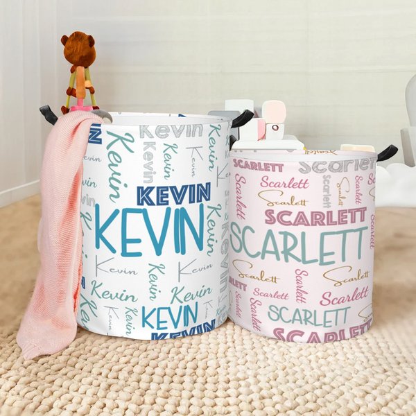 Personalized Multicolor Word Cloud Name Laundry Storage Basket with Handle Housewarming Birthday Gift for Friends Family Kids