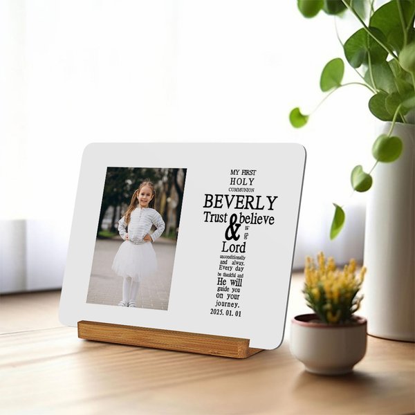 Personalised My First Holy Communion Faith Cross Metal Photo Frame Ornament with Name and Date Desk Decor Birthday Baptism Gift for Kids