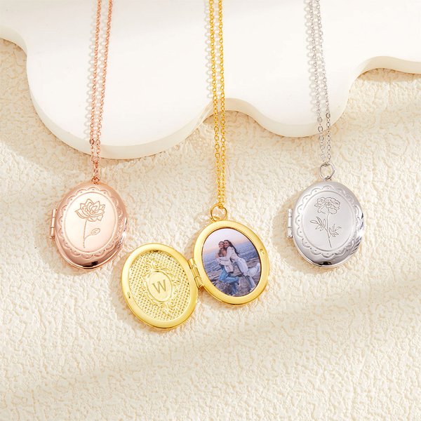 Personalisierte gravierte Geburt Blume Medaillon Halskette mit Foto und Initial Muttertag Geburtstag Geschenk für Frauen