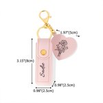 Personalized Line Flower Name Leather Lipstick Case Keychain with Heart-shaped Mirror Makeup Essentials Birthday Wedding Gift for Women