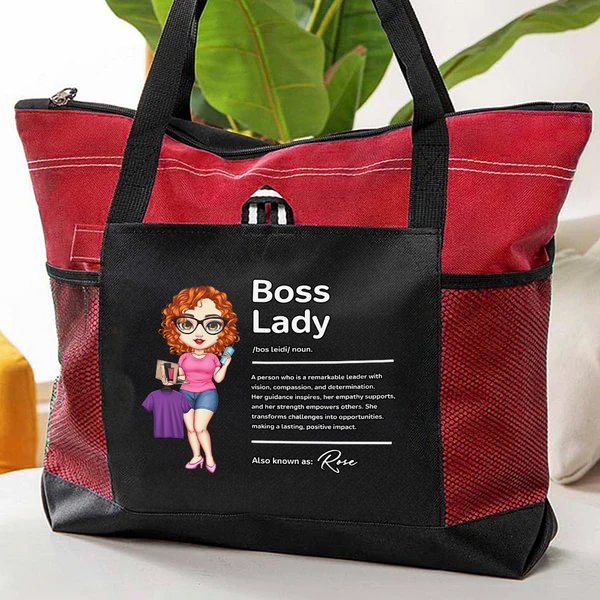Personalized Cartoon Boss Lady Waterproof Large Tote Bag with Name and Mesh Pockets Travel Accessories Birthday Anniversary Gift for Women Workers