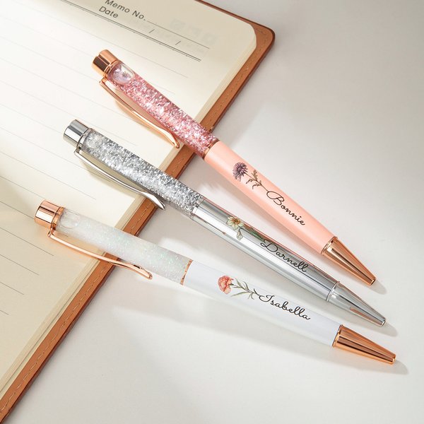 Personalised 2 Pcs Multi-colour Birth Flower Bling Dynamic Liquid Sand Pen with Name  Appreciation Teacher's Day Birthday Gift for Teacher Student