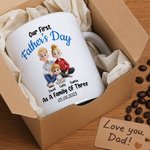 Personalized As a Family of Three Cartoon Characters 11 oz 15 oz White Ceramic Coffee Mug with Name and Date Our First Father's Day Gift for Dad