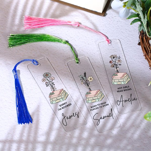 Henkilökohtainen syntymä Flower Book Akryyli kirjanmerkki nimi teksti ja Tassel Reading Supplies Syntymäpäivä lahja kirjan ystäville Bookworms