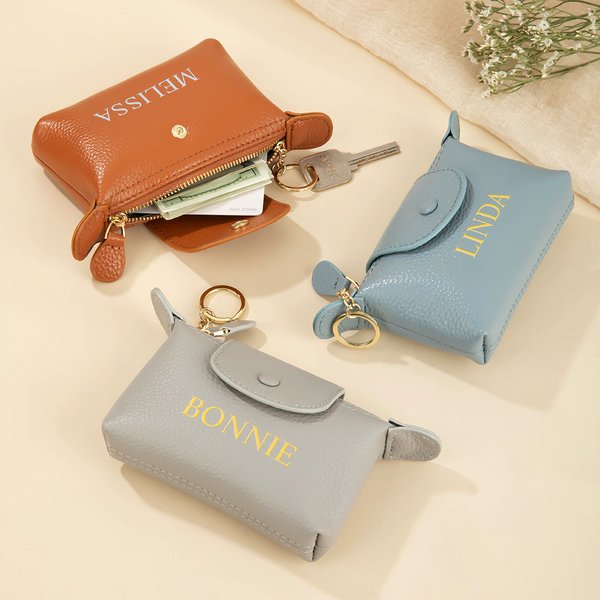 Personalised Mini Portable Leather Coin Wallet Cash Pouch with Text and Key Ring Bridal Shower Birthday Gift for Women