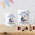 Personalized As a Family of Three Cartoon Characters 11 oz 15 oz White Ceramic Coffee Mug with Name and Date Our First Father's Day Gift for Dad