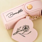 Personalized Line Flower Name Leather Lipstick Case Keychain with Heart-shaped Mirror Makeup Essentials Birthday Wedding Gift for Women