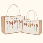 Sac à Main Personnalisé avec 1-20 Fleurs de Naissance et Prénoms Sac en Toile de Jute Grande Capacité Cadeau Fête Anniversaire pour Maman Grand-Mère
