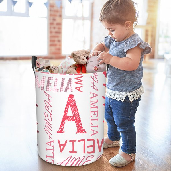 Personalized Initial Name Large Capacity Laundry Storage Basket with Handle for Bathroom Nursery Gift for Family Kids